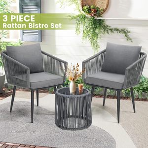 Hot Sale in Europe Outdoor All-Weather <strong>Grey</strong> 3 Pieces Patio Rattan <strong>Bistro</strong> Conversation <strong>Set</strong> with Cushion for Balcony and Backyard - Product Image 2