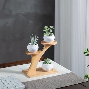 Estante de escritorio de bambú de 3 niveles para plantas, soporte para escritorio de oficina, color madera natural, expositor para suculentas - Product Image 1