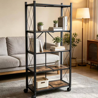 Chariot de cuisine roulant à 4 niveaux, étagère de rangement pliable avec étagères en bois, roulettes, support pour micro-ondes en métal noir, organisateur