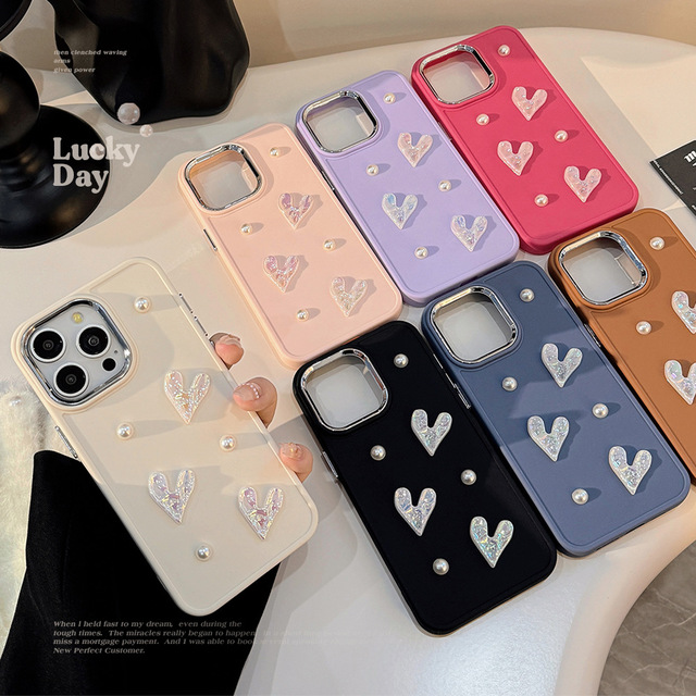 3D Faux Pearl Love Heart Phone Case for iPhone 11 12 13 14 15 16 Pro Max 16E X XS XR 7 8 Plus SE2 Shockproof Soft Silicone Cover