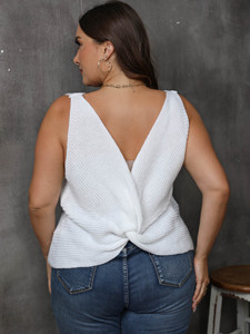 <span class=keywords><strong>Pull</strong></span> en maille blanc à dos croisé et col en V surdimensionné pour femmes, taille plus, sexy, débardeur en maille pour femme, fabriqué en usine - Product Image 5