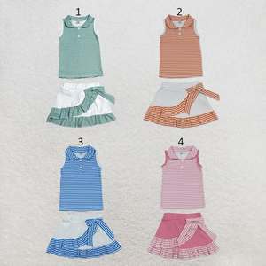 Conjunto de Falda con Volantes Blancos y Top Polo sin Mangas con Estampado de Rayas y Cuello Redondo para Niñas, Estilo Casual, Atuendo de Verano para Niños - Product Image 5