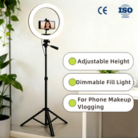 Treppiede Regolabile in Altezza Interamente in Alluminio per Live Streaming con Luce LED ad Anello, Supporto Pieghevole Portatile per Selfie e Telefono da Esterno