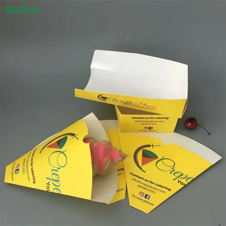 Cono triangular de diseño personalizado para comida, embalaje para comida, helado, patatas fritas, churro, Burbuja de papel para gofres