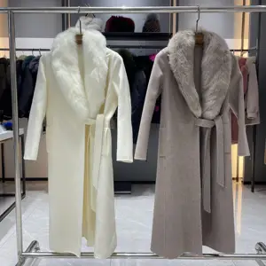 Side lace up fox fur shawl collar straight tube double-sided design slim long wool cashmere coat women