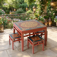 Ensemble table et chaises de salle à manger rectangulaires en bois massif vintage, peintes à la main, style traditionnel tibétain-mongol, écologiques, pour appartement et hôtel