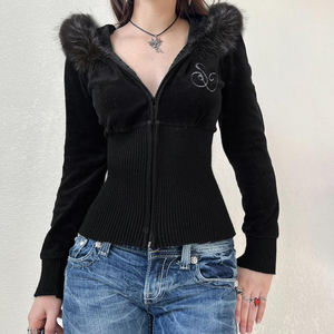 Women Velvet Hooded Zip Up <b>Hoodie</b> <b>Faux</b> <b>Fur</b> Trim Embroidered Slim Fit Casual Streetwear Jacket - Product Image 3