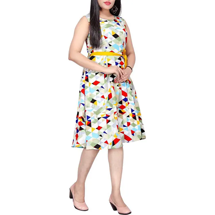 Women A-line Multicolor Block Sleeveless Korean Dress