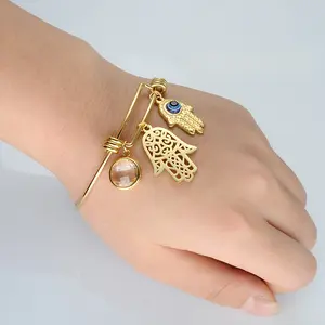 Fashion stainless steel blue eye Fatima hand Bracelet Turkish Blue Steel Wire Bracelet Islamic jewelry