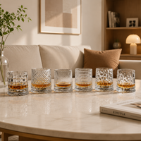 Verres à whisky en verre à motifs gaufrés variés JH 2026 pour bar et fête, personnalisables avec logo, base épaisse, en cristal