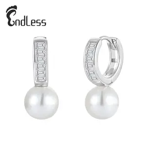 French Elegant 925 Sterling Silver Pearl Hoop Earrings Zircon Wedding Jewelry White Shell Pearl Drop Earrings