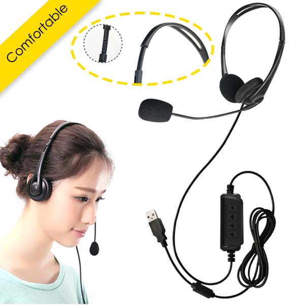 Binaural Ear-hook USB Headset, 30mm Speaker 2m Cord Noise Cancelling Mic Plug & Play Call Center Headset with Custom Logo
