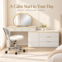 Coiffeuse blanche moderne avec miroir rond, rangement à tiroirs et armoire latérale, meuble de maquillage pour chambre à coucher avec détails dorés