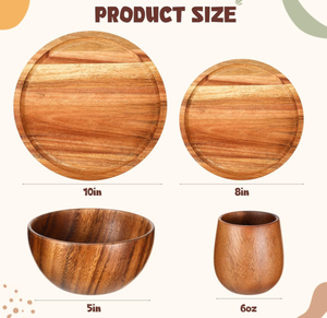 Pratique chaud 16 pièces ensemble de vaisselle en bois d'acacia plateau en bois assiettes rondes en bois bols en bois massif et tasses à thé pour la cuisine - Product Image 3