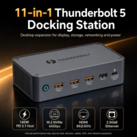 11 in 1 Thunderbolt 5 Docking Station 80Gbps 180W Daya MST Mendukung PD3.1 140W 8K60Hz Slot M.2 NVMe untuk Sistem Apple IOS Windows