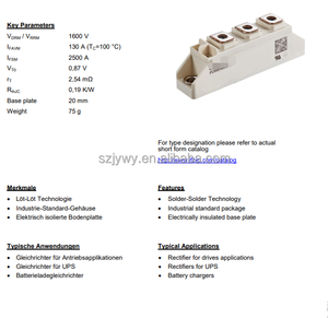Módulo de Diodos Rectificadores DD100N16S 1600V 130A para Montaje en Chasis DD100N16SHPSA1, Aisladores y Controladores de Gate Productos - Product Image 3