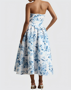Women's Custom <strong>Strapless</strong> Blue Floral Print Maxi Dress Women Elegant High Waist A-Line Flared Casual <strong>Sundress</strong> - Product Image 2