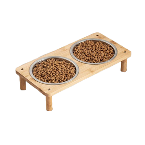 Büyük Boy Dökülmez Paslanmaz Çelik Çift Evcil Hayvan Mama Kabı, Köpekler ve Kediler için Doğal Çevre Dostu Bambu Standlı - Product Image 1