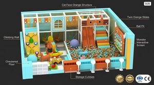 Equipo de juego suave personalizado para interiores: Toboganes dobles naranja con diseño de cara de gato, piscina de bolas, pantalla de monstruo y pared de escalada. |   FEC para Niños - Product Image 3
