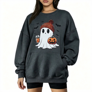 Sweat-shirt surdimensionné pour femme, imprimé fantôme et citrouille d'Halloween, col rond, violet, motif dessin animé, épaules tombantes, manches longues, pour l'automne - Product Image 4