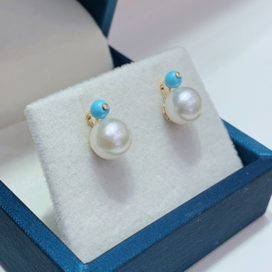 Soft Lovely Bright Polished 18K Solid Gold Akoya Saltwater Pearl Ear <b>Studs</b> Embellished With Natural Peridot Blue Topaz - Product Image 3
