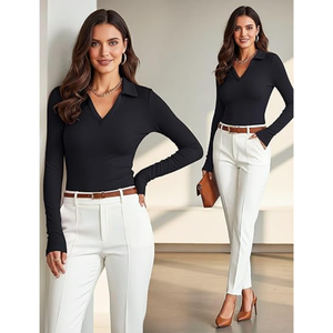 Chemise de travail pour femme à manches 3/4, col en V, coupe ample, pour le bureau - Product Image 4