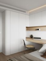 Armoire intégrée moderne sur mesure avec banquette et bureau, en bois blanc, rangement gain de place pour chambre d'appartement