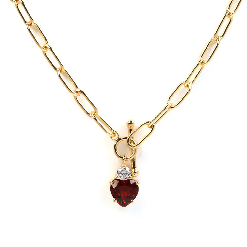 Einfache 925 Sterling versilbert 14 Karat Gold Liebe Herzform Rot Granat Chunky Thick Chain Halskette für Mädchen