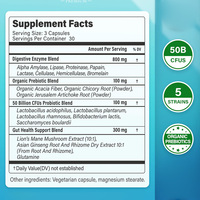 Enzymes digestives végétales en capsules, prébiotiques, probiotiques, 50 milliards d'UFC, 5 souches, Lion's Mane, 90 unités, végétarien, adulte