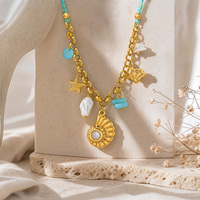 Collier tendance bohème en acier inoxydable 316L plaqué or 18 carats avec perles, turquoise, coquillages et étoiles de mer pour femme – Cadeau idéal pour la plage