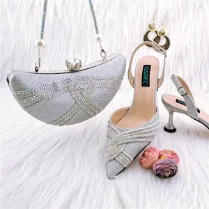 Groothandel Dames Luxe Schoenen Bruiloft Bijpassende Mooie Zilveren Kleur Italiaanse Set Tas En Schoen Vrouwelijke