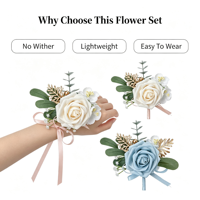 Set Bunga Buatan Dusty Blue Real Touch Rose, Corsage Pergelangan Tangan & Boutonniere, Cocok untuk Pengantin Wanita, Pengantin Pria, Pengiring Pengantin Wanita, Pengiring Pengantin Pria, Pernikahan