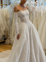 Robes de mariée coupe trapèze épaules dénudées, 2-en-1 avec manches longues détachables, en dentelle, grandes tailles, pour la mariée, vente en gros