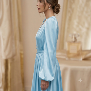 Robe mini élégante en satin bleu clair avec col en V profond, manches lanternes, coupe ajustée, robe de soirée, robe décontractée pour le printemps - Product Image 3