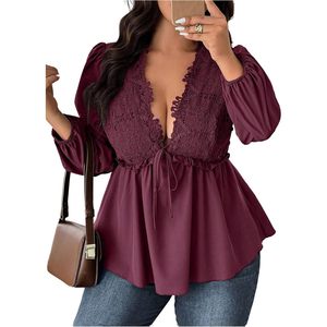 Blusa Personalizada para Mujer Talla Grande, Cuello en V Profundo, Manga Farol, Peplum con Volantes, Blusa Fluida de Chifón - Product Image 4