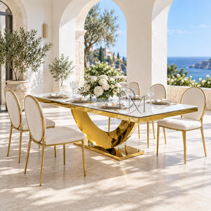 Mesa de Comedor Rectangular Moderna de Acero Inoxidable Dorado con Base Escultural en Forma de Media Luna para Bodas y Eventos, Venta al Por Mayor - Product Image 1