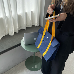 <b>Canvas</b> <b>Tote</b> Bag Blue Yellow Stripes Magnetic Buckle Medium Size Commuting Shoulder Bag Solid Color Summer 2021 - Product Image 4