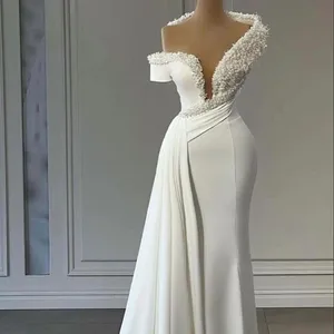 S0051H New Bridal Drop Shoulder Deep V Neck Sexy High Quality Satin Expensive Simple Wedding Dress