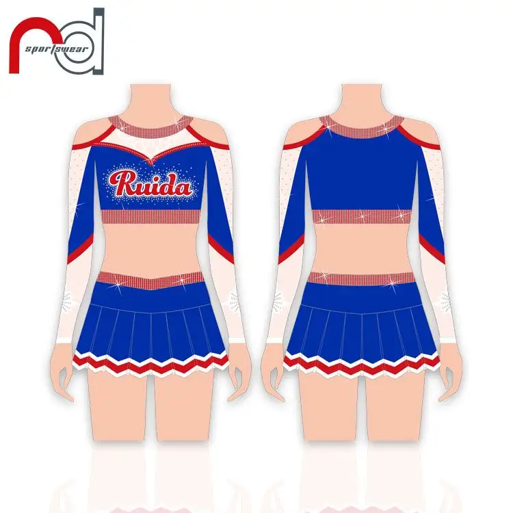 Três peças Cheer Set OEM 2020 AB cristal elogio uniformes Royal vermelho desempenho cheeleader uniforme