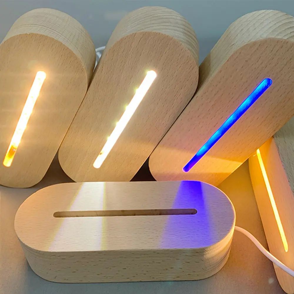 Wholesale Creative Solid Luminous Usb Wood Led Night Light Base 3d Acrylic Lamp Base For Illusion Night Light Holder Decoration