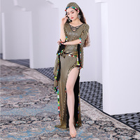 Gran oferta, traje de túnica de lentejuelas doradas para práctica de alta calidad para mujeres y niñas, conjunto de danza del vientre de bastón de ratán popular Baladi