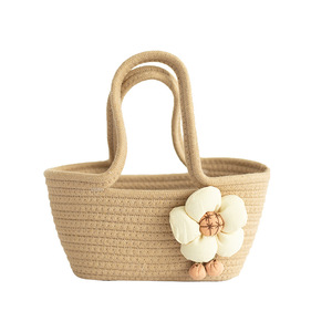 Woven bucket <b>bag</b> for women, <b>straw</b> braided, new spring/summer style, solid color, fresh and simple, perfect for vacation. Floral - Product Image 4