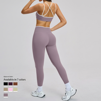 Set Olahraga Warna Solid Wanita, Baju Yoga Ketat Tanpa Punggung, Logo Depan, Bahan Stretch Empat Arah, Bernapas, Ramah Lingkungan, Cepat Kering