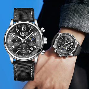 Montre homme LIGE LG89232 (43mm) en cuir, 3 sous-cadrans, phase du jour, chronographe, montres classiques pour homme, calendrier, montre-bracelet homme + boîte - Product Image 5