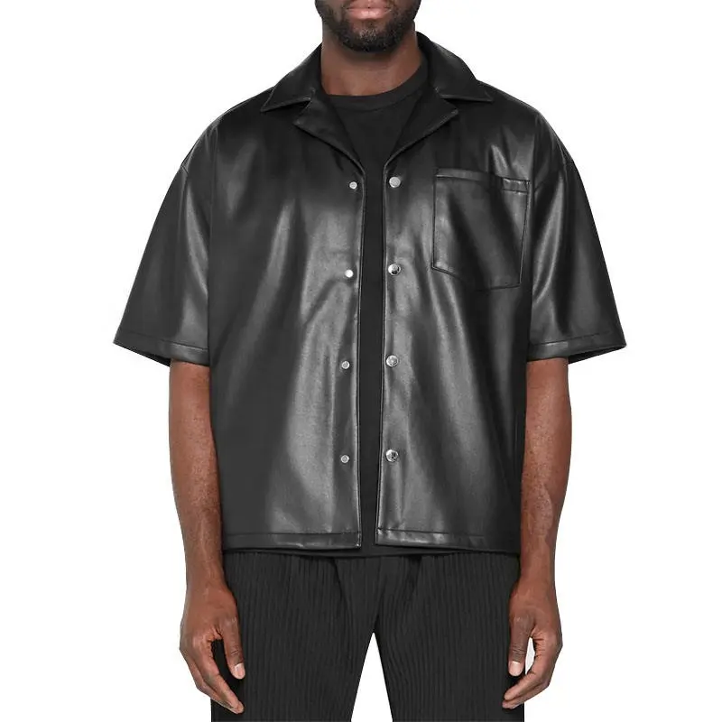 Chemise à manches courtes pour hommes en faux cuir PU avec poche plaquée poitrine personnalisée OEM