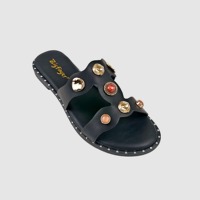 Sandales plates décontractées avec boucles métalliques et pierres, bout rond ouvert, antidérapantes, légères, souples, à enfiler, pour femmes, pour l'extérieur