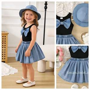 Set Estivo per Bambine con Gilet Senza Maniche con Fiocco, Gonna in Denim Stile Principessa Retrò e Cappello - Product Image 6