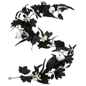Décoration de Halloween : Guirlande de feuilles d'érable noires et citrouilles blanches en rotin artificiel, à suspendre à la porte, 1,8 m de long, pour usage intérieur et extérieur - Product Image 2