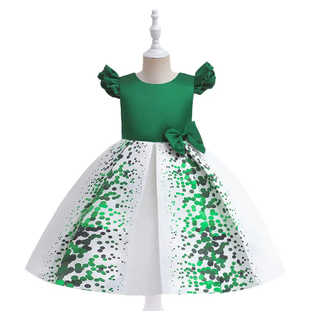 売れ筋年齢3〜10歳キッズクリスマスドレスグリーン印刷ふくらんでいる女の子のクリスマスダンスパーティードレス