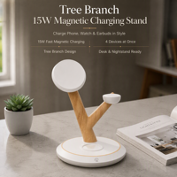 Support de charge magnétique sans fil 3-en-1 15W, design en forme de branche, pour téléphone, montre connectée et écouteurs